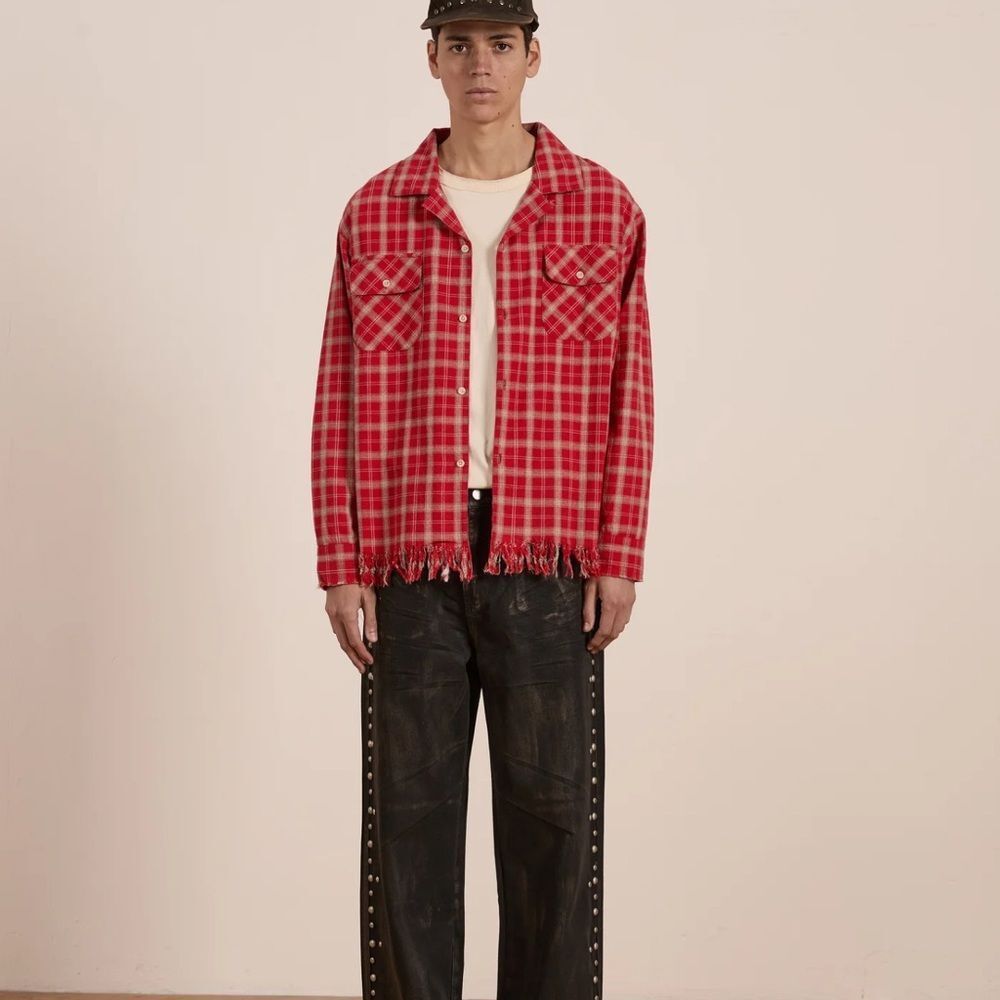 Found Unisex Raw Cut Fringe Plaid Camp Shirt